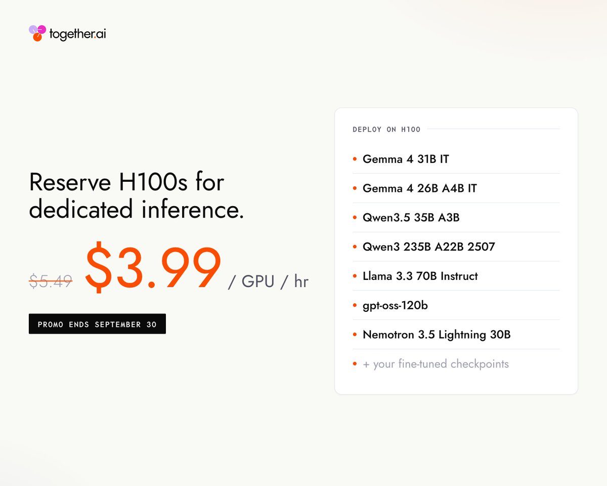 Together AI снизила аренду ускорителя H100 с 5,49 до 3,99 доллара в час