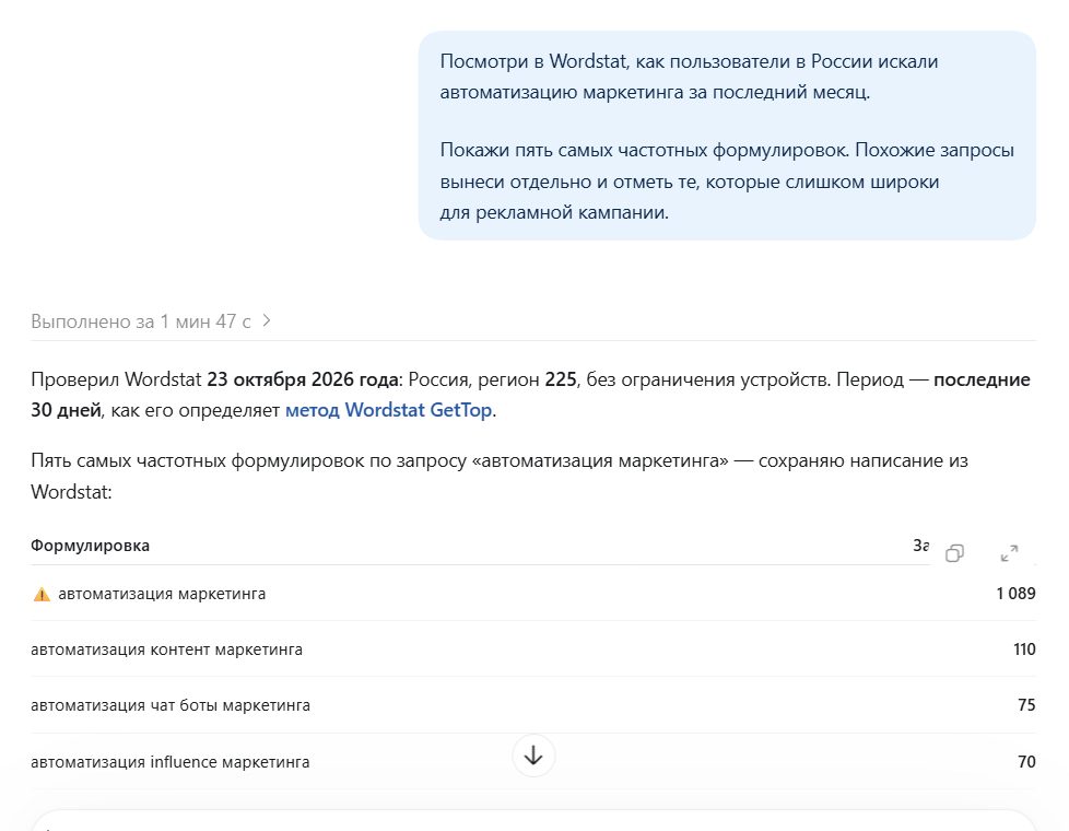 Infostart выложила MCP-сервер к Wordstat — агент сам сверяет частотность запросов