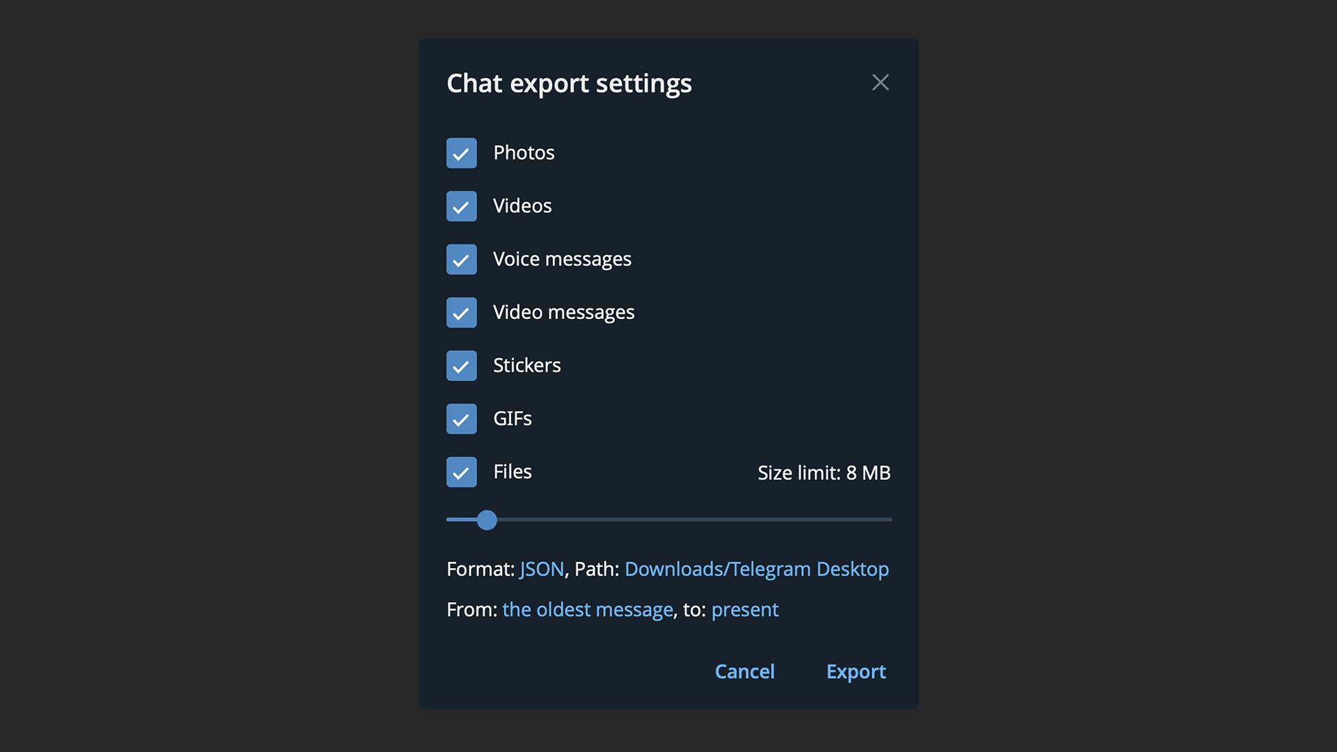 Экспорт истории чата в Telegram Desktop